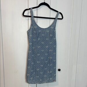 Hollister Light Blue Denim Style Scoop neck fitted Dress - palm tree pattern - 3